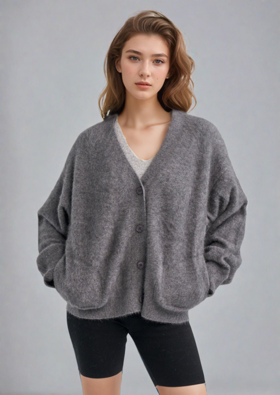 RACCOON FUR V NECK BUTTONED TOP