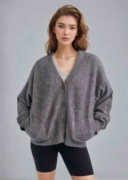 RACCOON FUR V NECK BUTTONED TOP