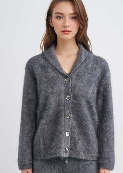 RACCOON FUR BUTTONED COATIGAN SHAWL COLLAR