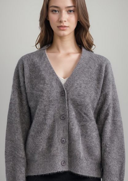 RACCOON FUR V NECK BUTTONED TOP